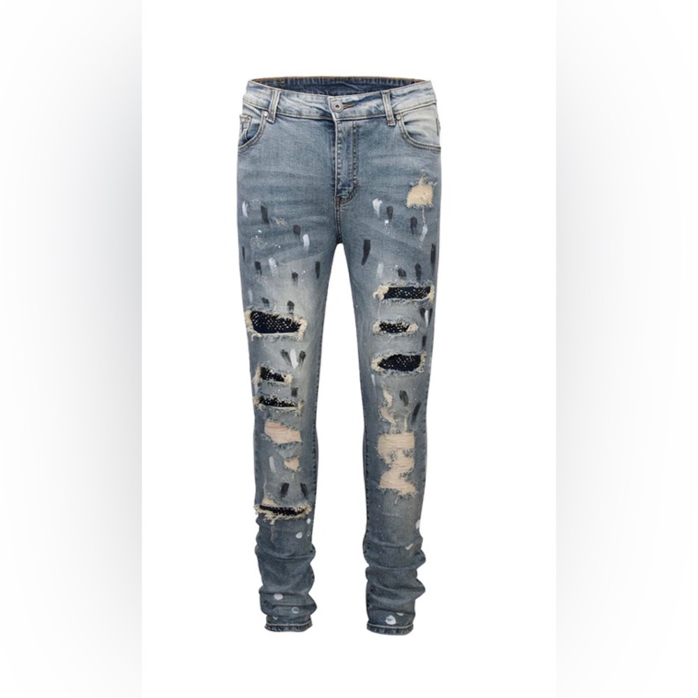 Men’s Distressed Fashion Studded Patch Denim Jeans by H. Essentials